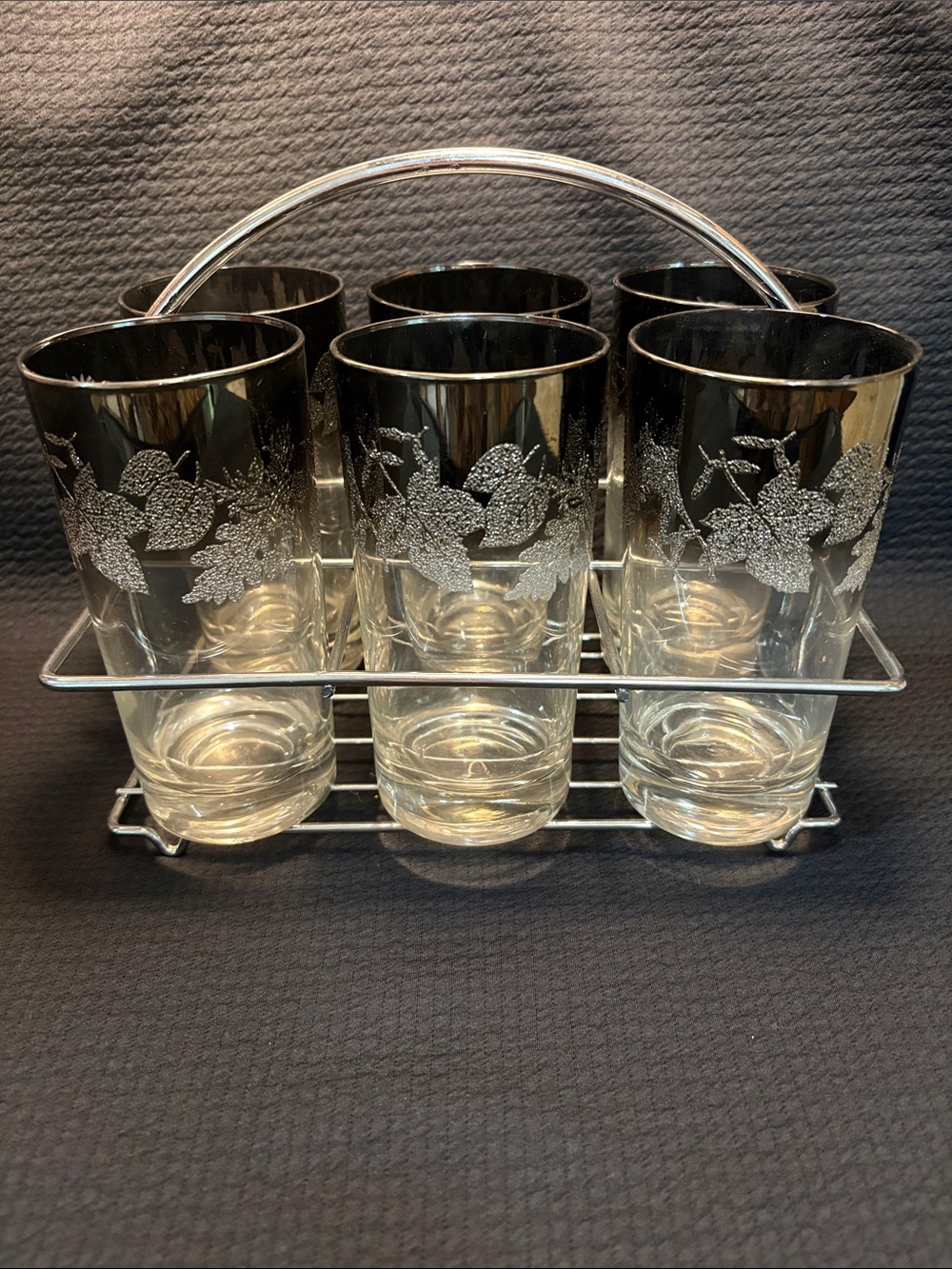 MCM Vintage Silver Frosted leaves Highball Glass Set with Carrier - Black/Silver